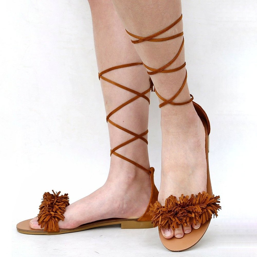 New Tan Fringe Lace Up Flat Sandals